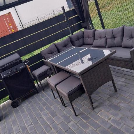 Narożnik z technorattanu 190x140cm z wysokim stołem i 3 pufami Torino Corner Anthracite