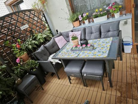 Narożnik z technorattanu 190x140cm z wysokim stołem i 3 pufami Torino Corner Anthracite