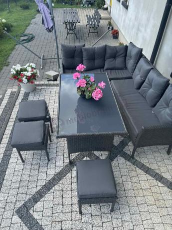 Narożnik z technorattanu 190x140cm z wysokim stołem i 3 pufami Torino Corner Anthracite