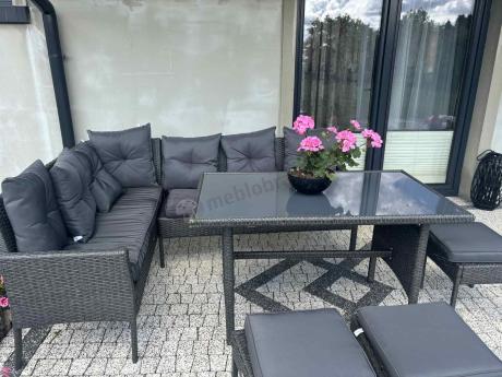 Narożnik z technorattanu 190x140cm z wysokim stołem i 3 pufami Torino Corner Anthracite