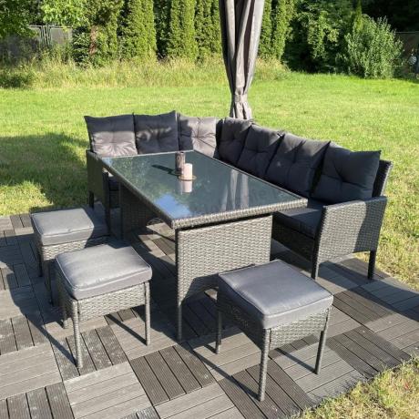 Narożnik z technorattanu 190x140cm z wysokim stołem i 3 pufami Torino Corner Anthracite