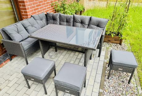 Narożnik z technorattanu 190x140cm z wysokim stołem i 3 pufami Torino Corner Anthracite