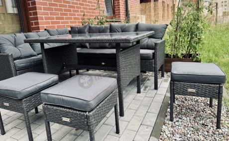 Narożnik z technorattanu 190x140cm z wysokim stołem i 3 pufami Torino Corner Anthracite