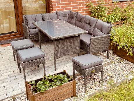 Narożnik z technorattanu 190x140cm z wysokim stołem i 3 pufami Torino Corner Anthracite