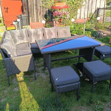 Narożnik z technorattanu 190x140cm z wysokim stołem i 3 pufami Torino Corner Anthracite