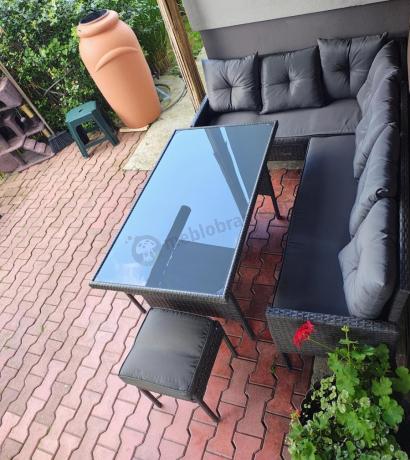 Narożnik z technorattanu 190x140cm z wysokim stołem i 3 pufami Torino Corner Anthracite
