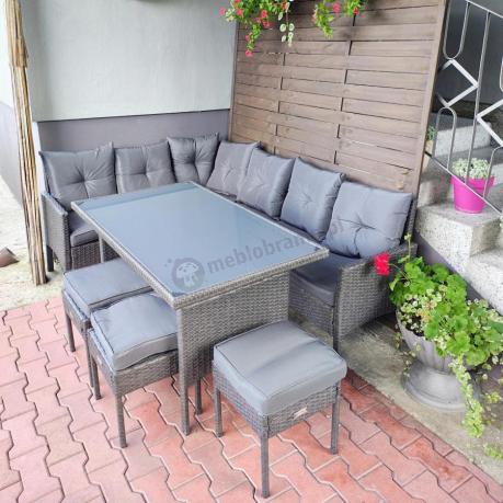 Narożnik z technorattanu 190x140cm z wysokim stołem i 3 pufami Torino Corner Anthracite