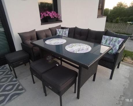 Narożnik z technorattanu 190x140cm z wysokim stołem i 3 pufami Torino Corner Anthracite
