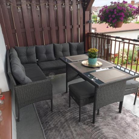 Narożnik z technorattanu 190x140cm z wysokim stołem i 3 pufami Torino Corner Anthracite