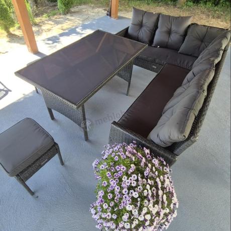 Narożnik z technorattanu 190x140cm z wysokim stołem i 3 pufami Torino Corner Anthracite
