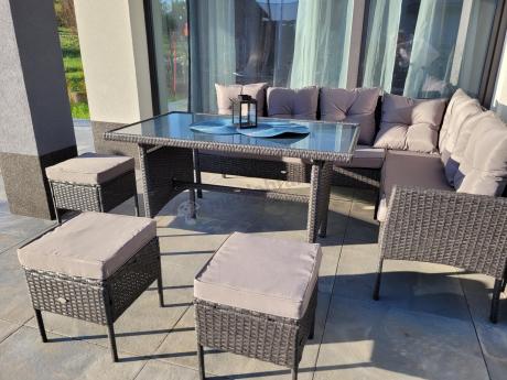 Narożnik z technorattanu 190x140cm z wysokim stołem i 3 pufami Torino Corner Anthracite