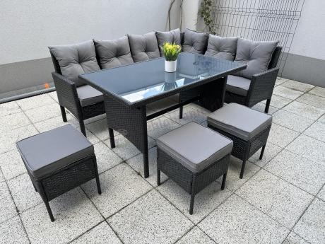 Narożnik z technorattanu 190x140cm z wysokim stołem i 3 pufami Torino Corner Anthracite