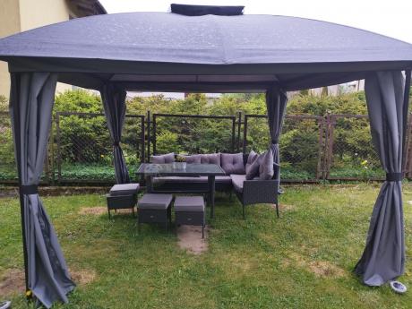 Narożnik z technorattanu 190x140cm z wysokim stołem i 3 pufami Torino Corner Anthracite