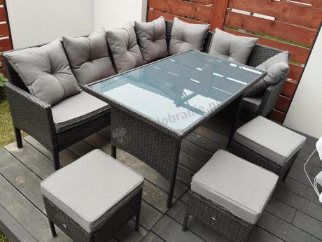 Narożnik z technorattanu 190x140cm z wysokim stołem i 3 pufami Torino Corner Anthracite