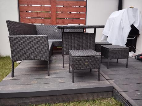 Narożnik z technorattanu 190x140cm z wysokim stołem i 3 pufami Torino Corner Anthracite