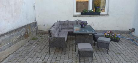 Narożnik z technorattanu 190x140cm z wysokim stołem i 3 pufami Torino Corner Anthracite