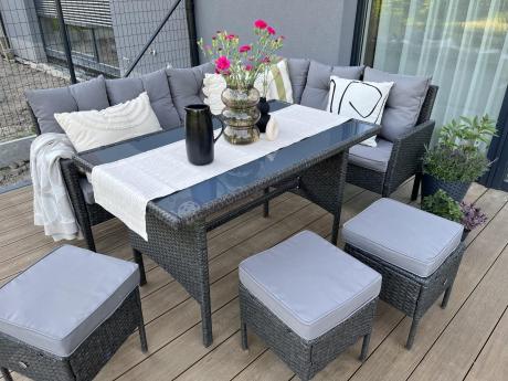 Narożnik z technorattanu 190x140cm z wysokim stołem i 3 pufami Torino Corner Anthracite