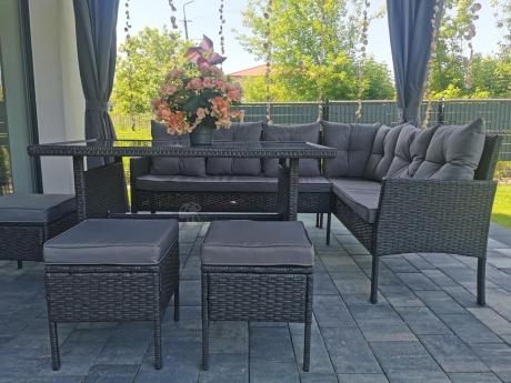 Narożnik z technorattanu 190x140cm z wysokim stołem i 3 pufami Torino Corner Anthracite