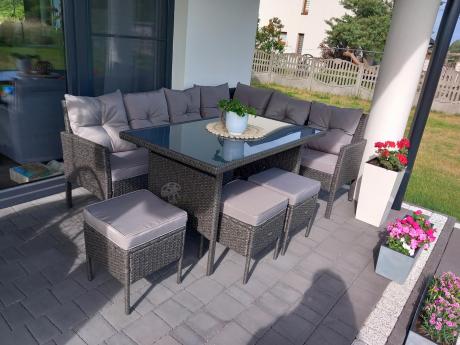 Narożnik z technorattanu 190x140cm z wysokim stołem i 3 pufami Torino Corner Anthracite