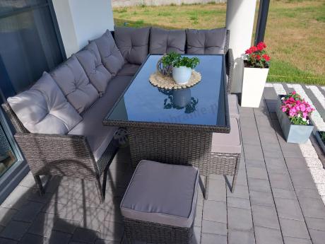 Narożnik z technorattanu 190x140cm z wysokim stołem i 3 pufami Torino Corner Anthracite