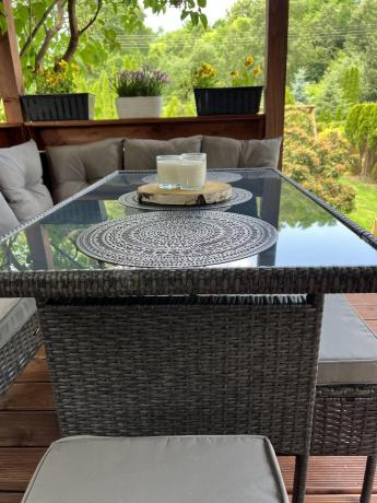 Narożnik z technorattanu 190x140cm z wysokim stołem i 3 pufami Torino Corner Anthracite