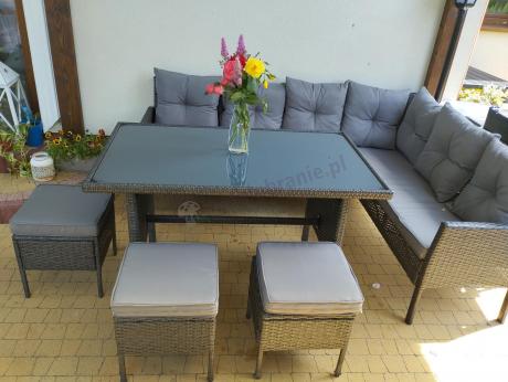 Narożnik z technorattanu 190x140cm z wysokim stołem i 3 pufami Torino Corner Anthracite