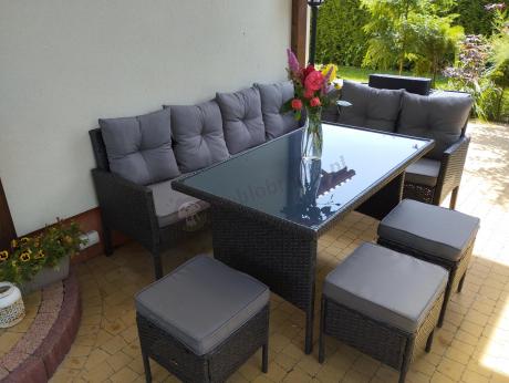 Narożnik z technorattanu 190x140cm z wysokim stołem i 3 pufami Torino Corner Anthracite