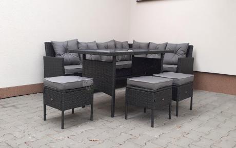 Narożnik z technorattanu 190x140cm z wysokim stołem i 3 pufami Torino Corner Anthracite