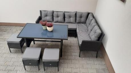 Narożnik z technorattanu 190x140cm z wysokim stołem i 3 pufami Torino Corner Anthracite