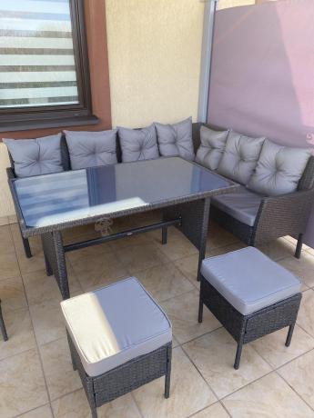 Narożnik z technorattanu 190x140cm z wysokim stołem i 3 pufami Torino Corner Anthracite