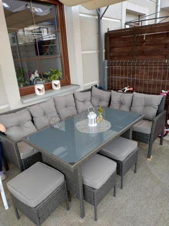 Narożnik z technorattanu 190x140cm z wysokim stołem i 3 pufami Torino Corner Anthracite