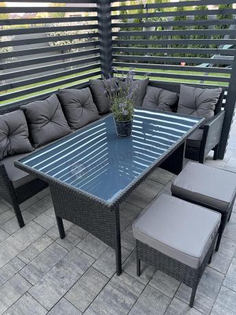Narożnik z technorattanu 190x140cm z wysokim stołem i 3 pufami Torino Corner Anthracite