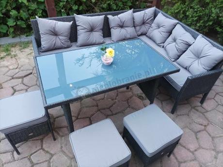 Narożnik z technorattanu 190x140cm z wysokim stołem i 3 pufami Torino Corner Anthracite