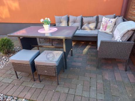 Narożnik z technorattanu 190x140cm z wysokim stołem i 3 pufami Torino Corner Anthracite