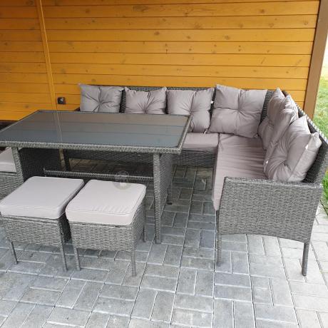 Narożnik z technorattanu 190x140cm z wysokim stołem i 3 pufami Torino Corner Anthracite
