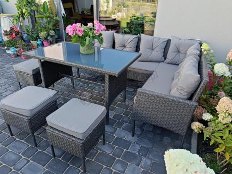 Narożnik z technorattanu 190x140cm z wysokim stołem i 3 pufami Torino Corner Anthracite