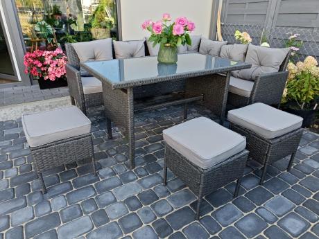 Narożnik z technorattanu 190x140cm z wysokim stołem i 3 pufami Torino Corner Anthracite