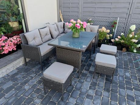 Narożnik z technorattanu 190x140cm z wysokim stołem i 3 pufami Torino Corner Anthracite