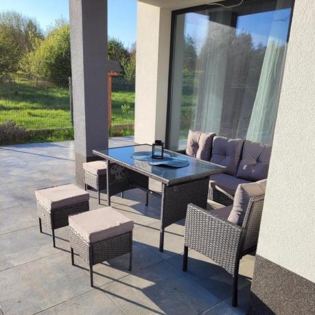 Narożnik z technorattanu 190x140cm z wysokim stołem i 3 pufami Torino Corner Anthracite