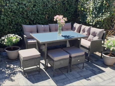 Narożnik z technorattanu 190x140cm z wysokim stołem i 3 pufami Torino Corner Anthracite