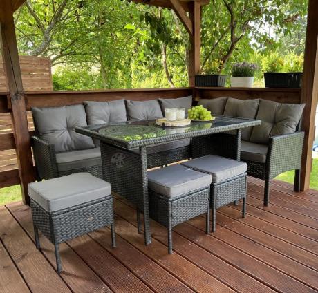 Narożnik z technorattanu 190x140cm z wysokim stołem i 3 pufami Torino Corner Anthracite