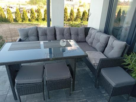 Narożnik z technorattanu 190x140cm z wysokim stołem i 3 pufami Torino Corner Anthracite