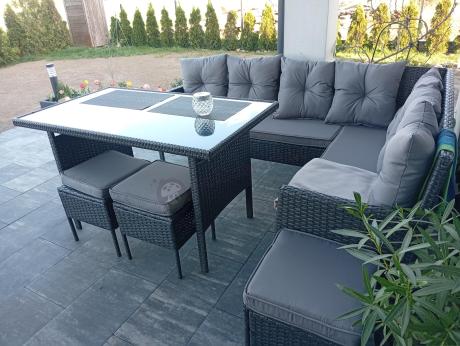 Narożnik z technorattanu 190x140cm z wysokim stołem i 3 pufami Torino Corner Anthracite