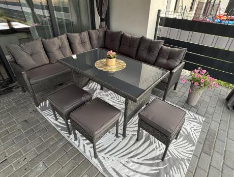 Narożnik z technorattanu 190x190cm z 3 pufami i stołem Torino Corner XL Anthracite