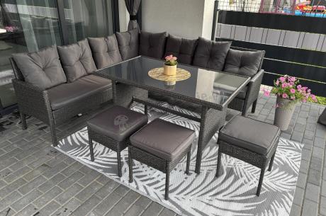 Narożnik z technorattanu 190x190cm z 3 pufami i stołem Torino Corner XL Anthracite