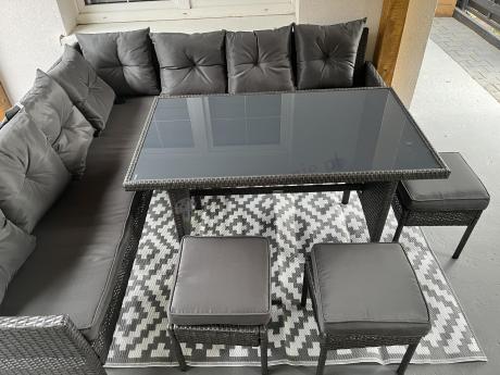 Narożnik z technorattanu 190x190cm z 3 pufami i stołem Torino Corner XL Anthracite