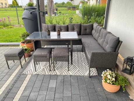 Narożnik z technorattanu 190x190cm z 3 pufami i stołem Torino Corner XL Anthracite