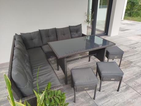 Narożnik z technorattanu 190x190cm z 3 pufami i stołem Torino Corner XL Anthracite