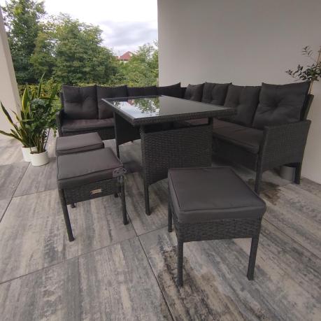 Narożnik z technorattanu 190x190cm z 3 pufami i stołem Torino Corner XL Anthracite
