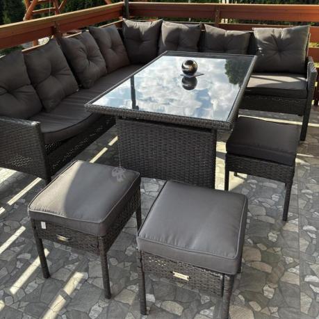 Narożnik z technorattanu 190x190cm z 3 pufami i stołem Torino Corner XL Anthracite